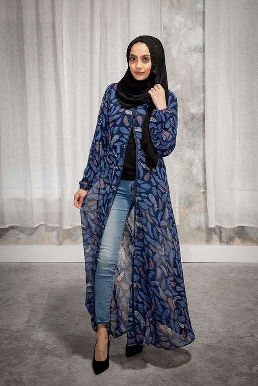 Navy Blue Printed Feathers Cardigan Gallerina