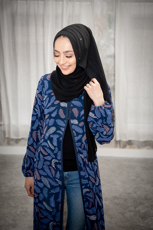 Navy Blue Printed Feathers Cardigan