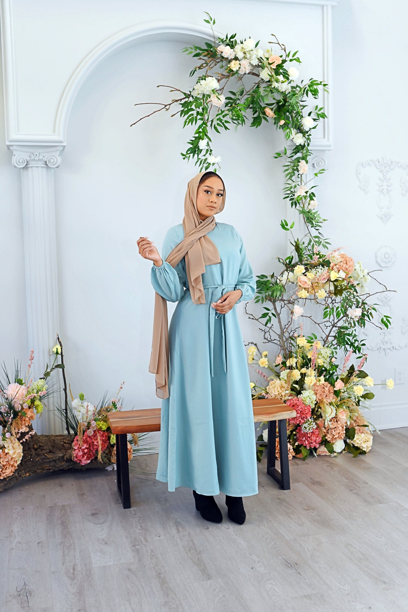 mist green dress Elegant Short Sleeve Frilled Dress in Mist Green