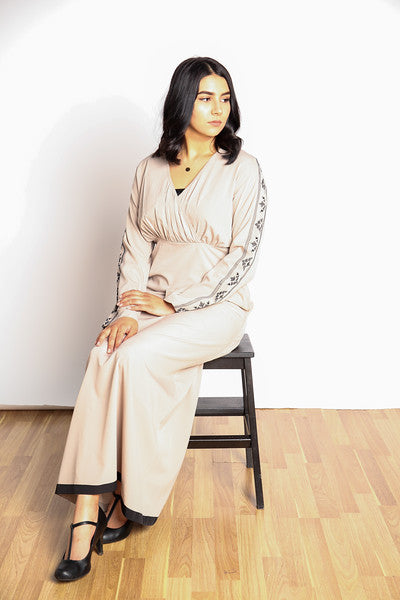 Gallerina Modest Full Length Maxi Dress and Full Sleeves in Beige with Embroidery on the Arms and Pockets on the Sides 