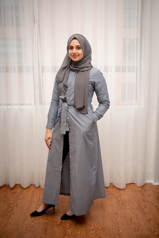 Light Grey Pinstripe Maxi Shirt Dress XL