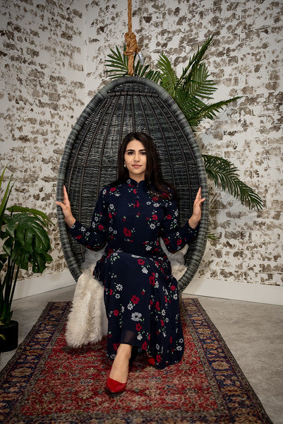 Navy blue floral print maxi dress top